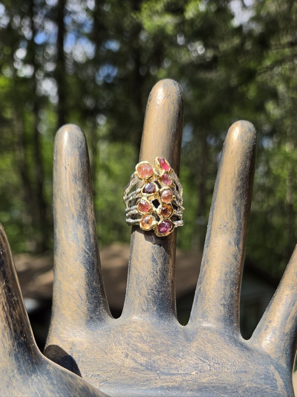 Tourmaline Natural Multi Color Sterling & Gold Finger Cuff Sz7 - Picture 3 of 8